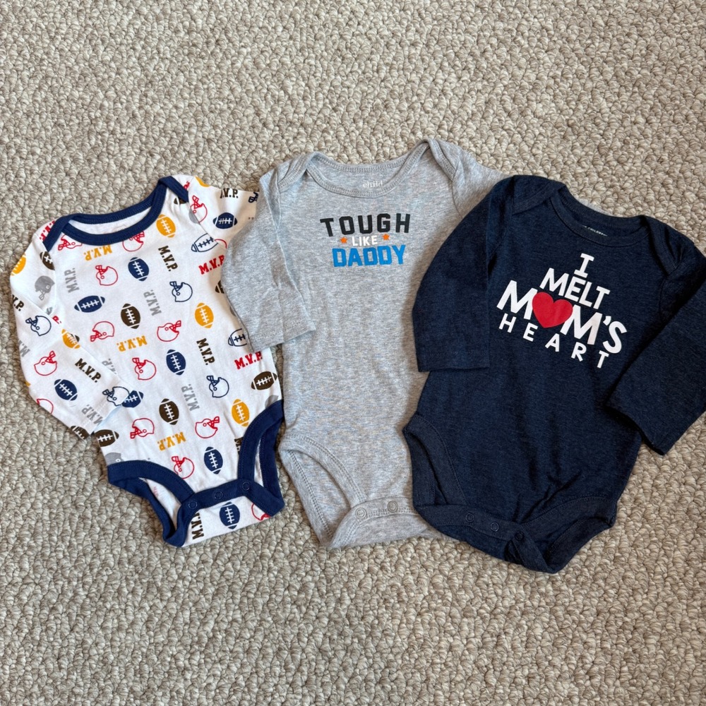 Lot of 3 Boys Baby Long Sleeve Bodysuits Size 0-3 Months